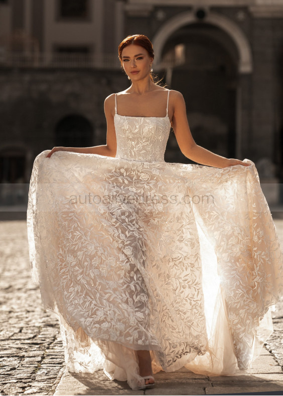 Square Neck Ivory Lace Over Trendy Wedding Dress Square Neck Ivory Lace Over Trendy Wedding Dress